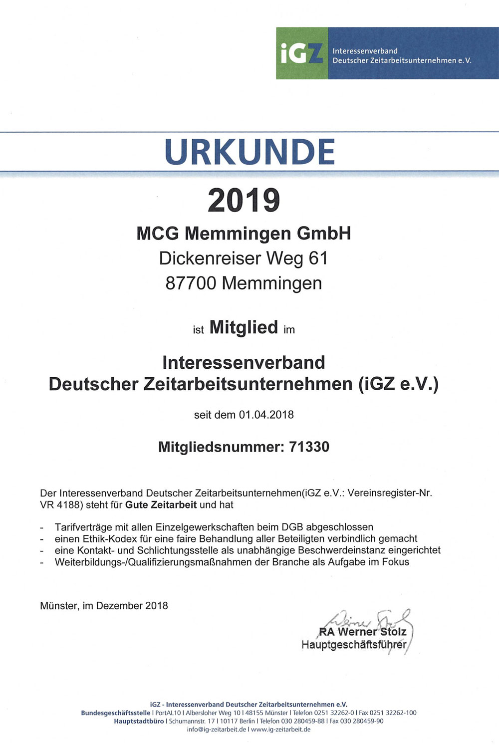 iGZ-Urkunde MCG Memmingen GmbH